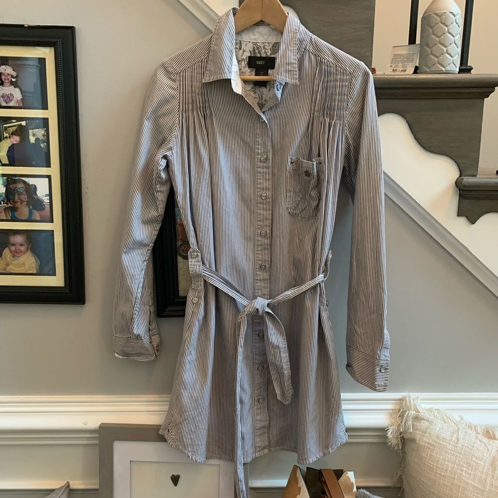 Obey Pintuck Gray Striped Belted Shirt Dress M